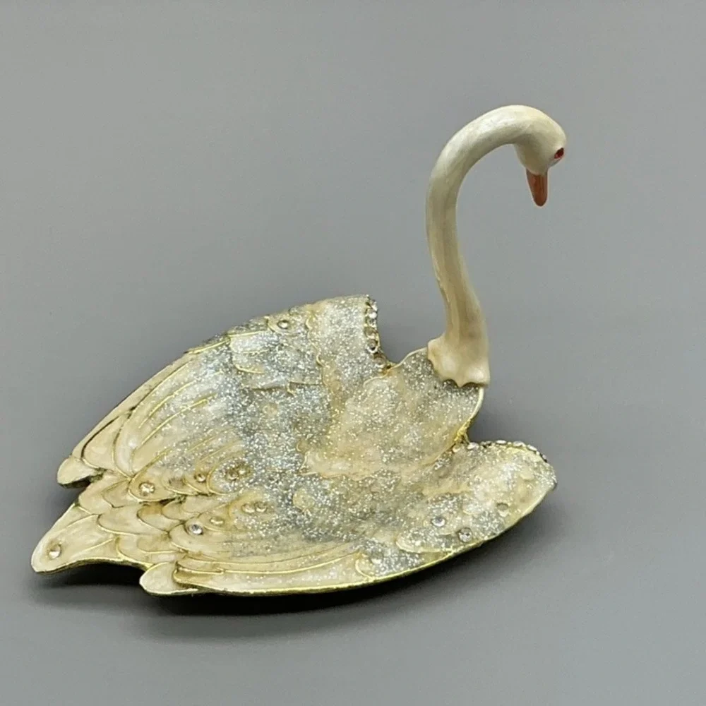 Swan Ring Holder Trinket Dish White Gold Glitter Rhinestone Jewelry Vanity Decor